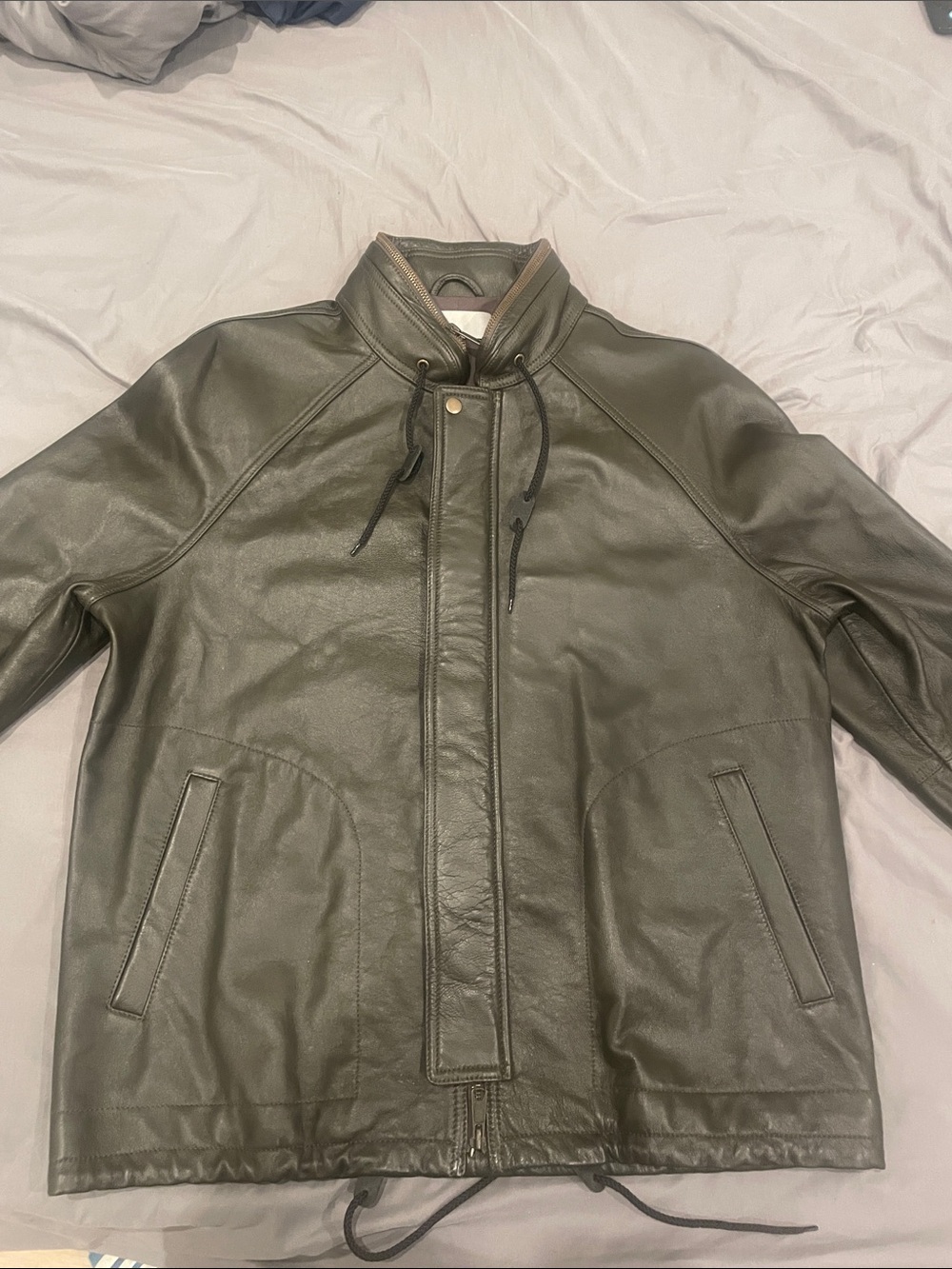 Vince Olive Leather Bomber Jacket